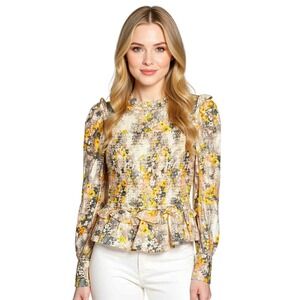 & Other Stories Paris Atelier Cottage Floral Gray & yellow smocked Blouse Size 2